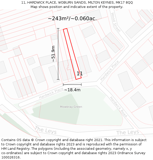 11, HARDWICK PLACE, WOBURN SANDS, MILTON KEYNES, MK17 8QQ: Plot and title map