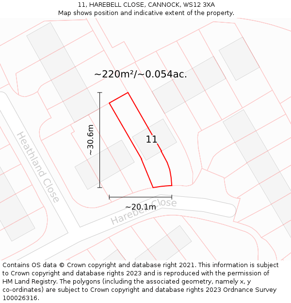 11, HAREBELL CLOSE, CANNOCK, WS12 3XA: Plot and title map