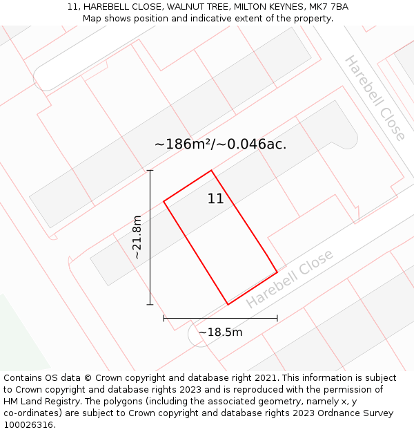 11, HAREBELL CLOSE, WALNUT TREE, MILTON KEYNES, MK7 7BA: Plot and title map