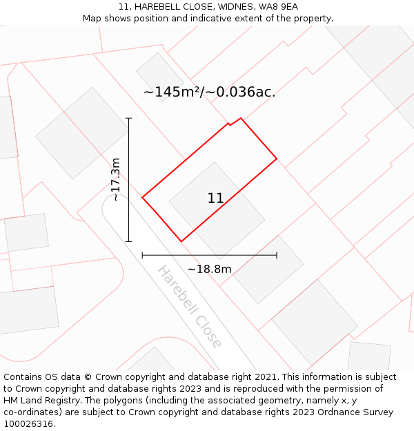 11, HAREBELL CLOSE, WIDNES, WA8 9EA: Plot and title map