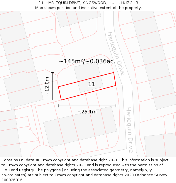 11, HARLEQUIN DRIVE, KINGSWOOD, HULL, HU7 3HB: Plot and title map