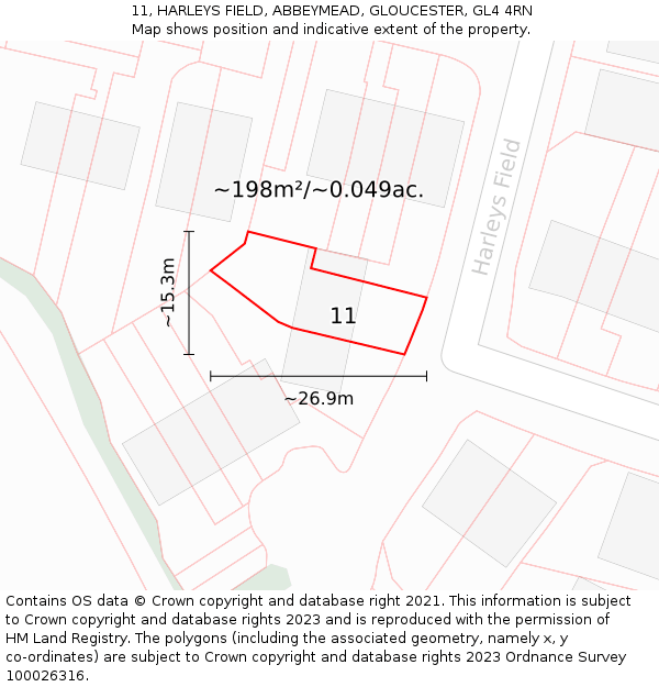 11, HARLEYS FIELD, ABBEYMEAD, GLOUCESTER, GL4 4RN: Plot and title map