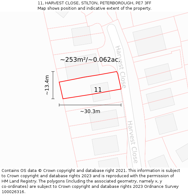 11, HARVEST CLOSE, STILTON, PETERBOROUGH, PE7 3FF: Plot and title map