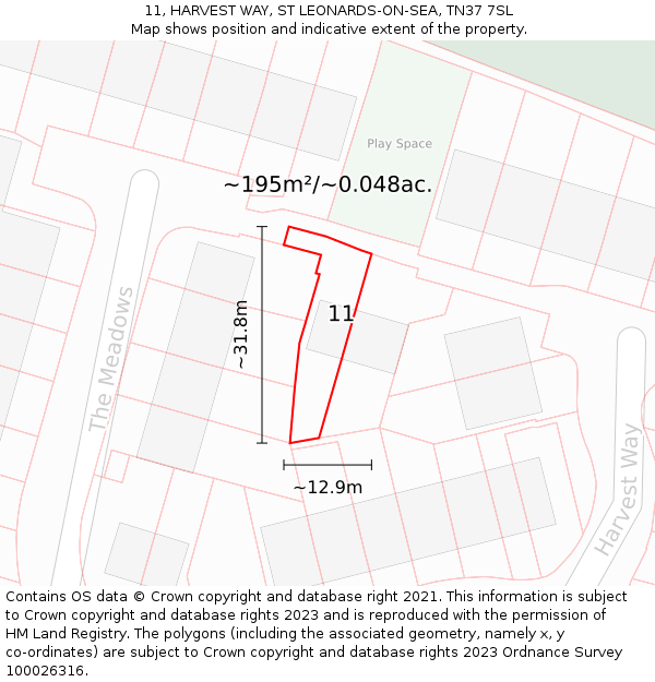 11, HARVEST WAY, ST LEONARDS-ON-SEA, TN37 7SL: Plot and title map