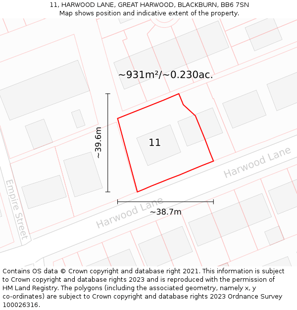 11, HARWOOD LANE, GREAT HARWOOD, BLACKBURN, BB6 7SN: Plot and title map