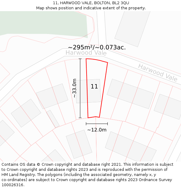 11, HARWOOD VALE, BOLTON, BL2 3QU: Plot and title map