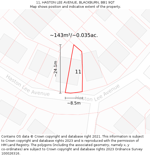 11, HASTON LEE AVENUE, BLACKBURN, BB1 9QT: Plot and title map