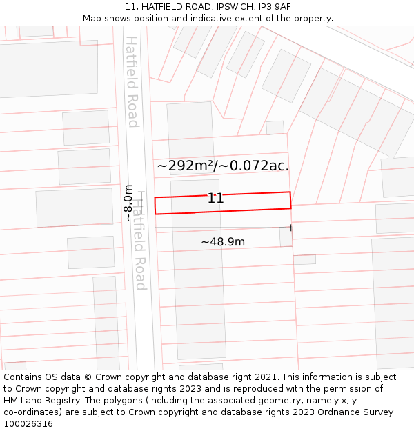 11, HATFIELD ROAD, IPSWICH, IP3 9AF: Plot and title map