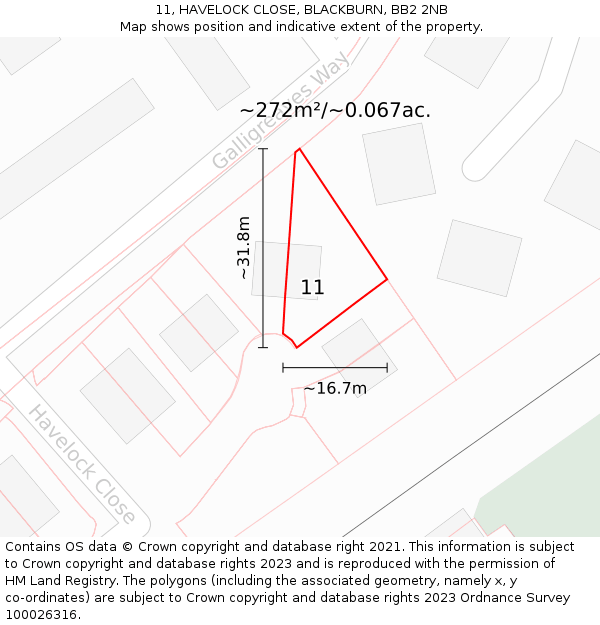 11, HAVELOCK CLOSE, BLACKBURN, BB2 2NB: Plot and title map