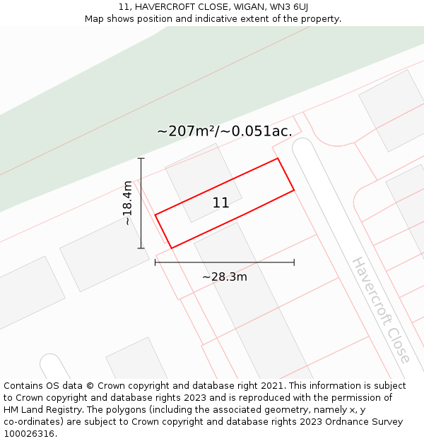 11, HAVERCROFT CLOSE, WIGAN, WN3 6UJ: Plot and title map