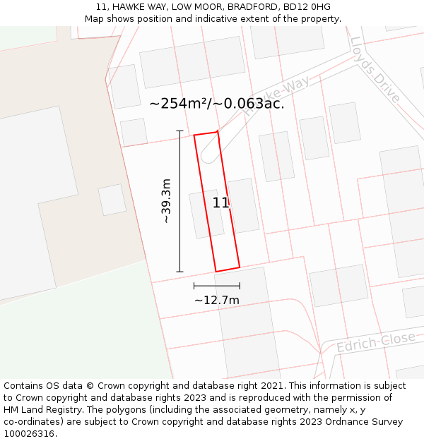 11, HAWKE WAY, LOW MOOR, BRADFORD, BD12 0HG: Plot and title map