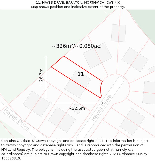 11, HAYES DRIVE, BARNTON, NORTHWICH, CW8 4JX: Plot and title map