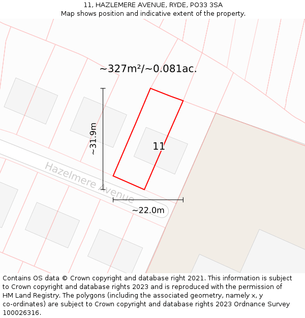 11, HAZLEMERE AVENUE, RYDE, PO33 3SA: Plot and title map