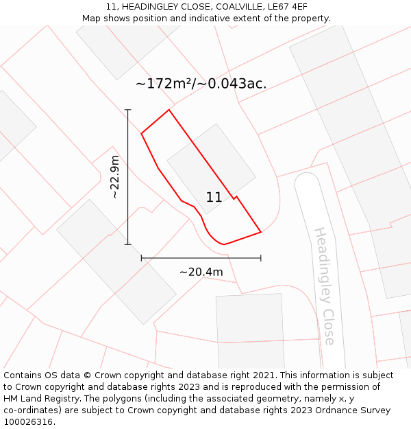 11, HEADINGLEY CLOSE, COALVILLE, LE67 4EF: Plot and title map
