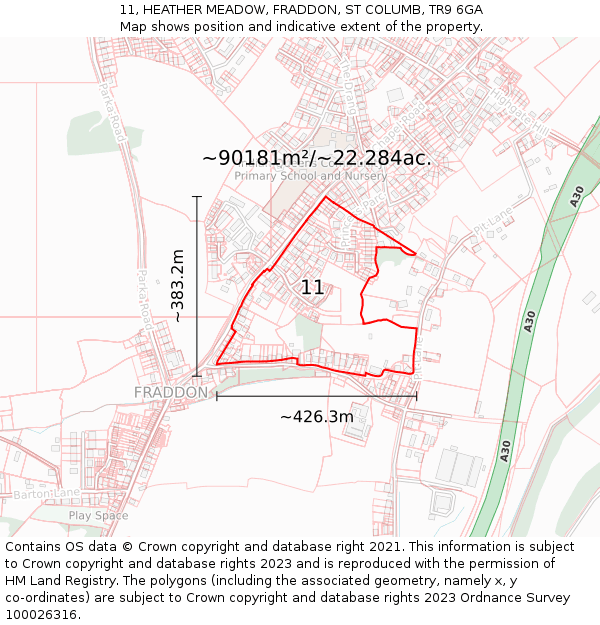 11, HEATHER MEADOW, FRADDON, ST COLUMB, TR9 6GA: Plot and title map
