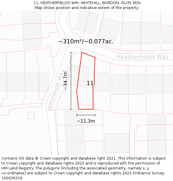 11, HEATHERFIELDS WAY, WHITEHILL, BORDON, GU35 9DN: Plot and title map