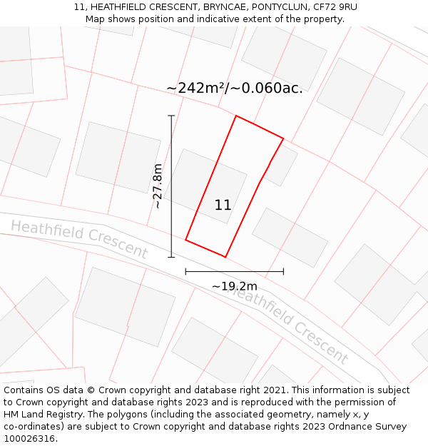 11, HEATHFIELD CRESCENT, BRYNCAE, PONTYCLUN, CF72 9RU: Plot and title map
