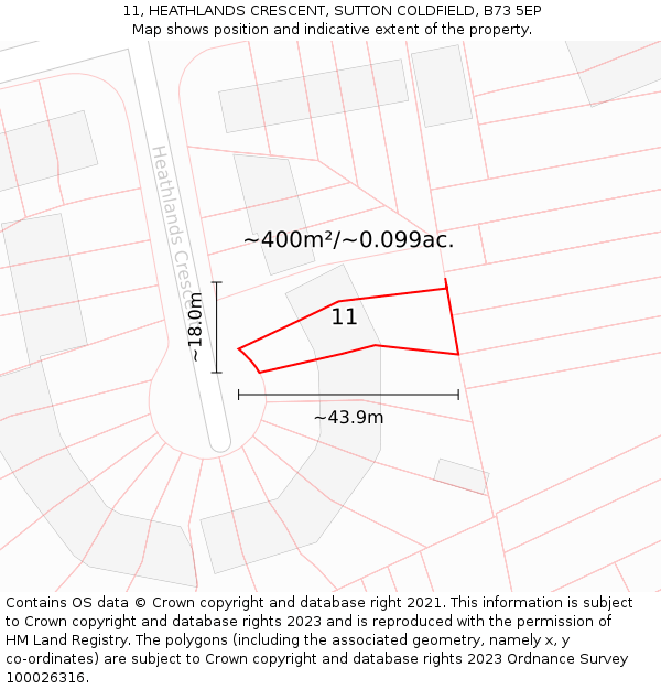 11, HEATHLANDS CRESCENT, SUTTON COLDFIELD, B73 5EP: Plot and title map