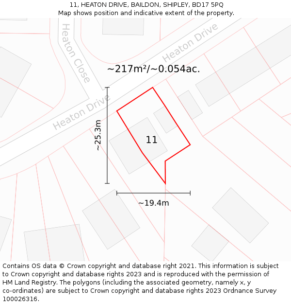 11, HEATON DRIVE, BAILDON, SHIPLEY, BD17 5PQ: Plot and title map