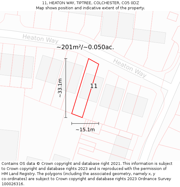 11, HEATON WAY, TIPTREE, COLCHESTER, CO5 0DZ: Plot and title map