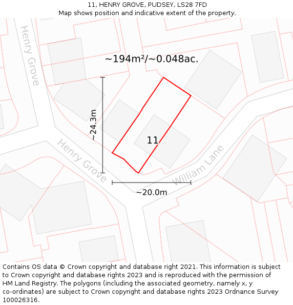 11, HENRY GROVE, PUDSEY, LS28 7FD: Plot and title map