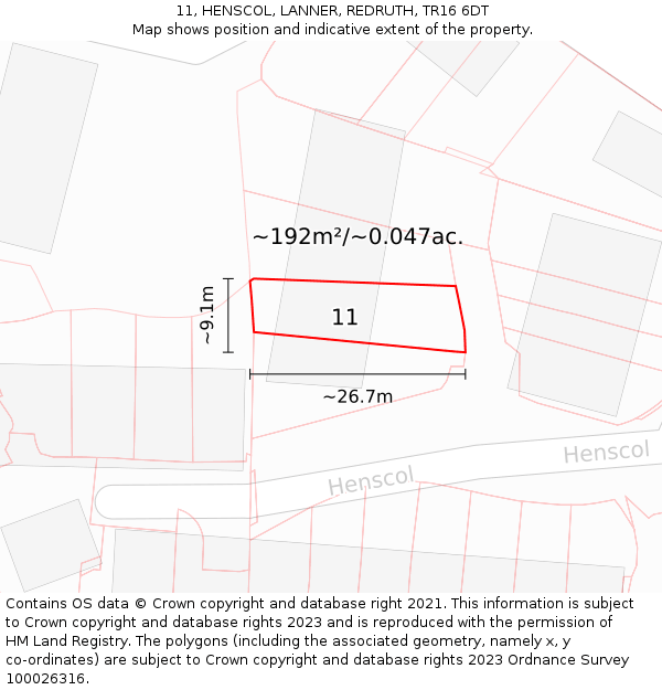 11, HENSCOL, LANNER, REDRUTH, TR16 6DT: Plot and title map