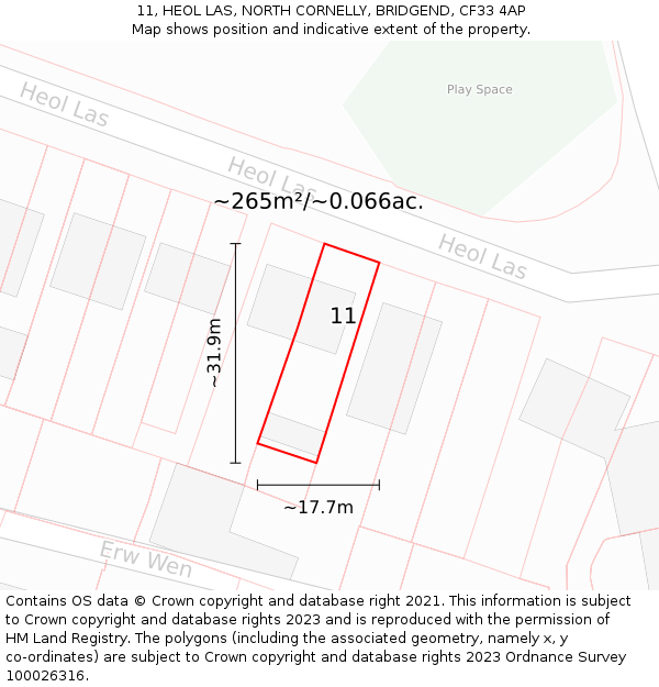 11, HEOL LAS, NORTH CORNELLY, BRIDGEND, CF33 4AP: Plot and title map