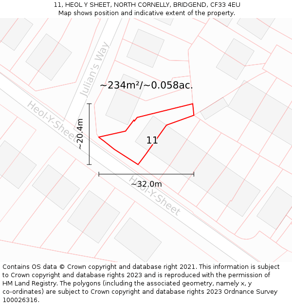 11, HEOL Y SHEET, NORTH CORNELLY, BRIDGEND, CF33 4EU: Plot and title map