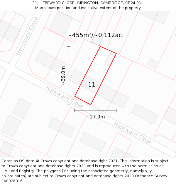 11, HEREWARD CLOSE, IMPINGTON, CAMBRIDGE, CB24 9NH: Plot and title map