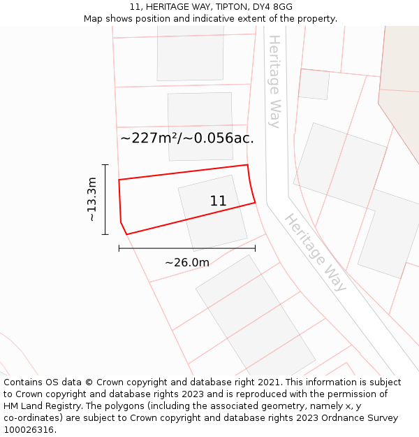 11, HERITAGE WAY, TIPTON, DY4 8GG: Plot and title map