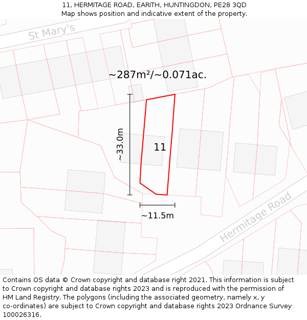 11, HERMITAGE ROAD, EARITH, HUNTINGDON, PE28 3QD: Plot and title map