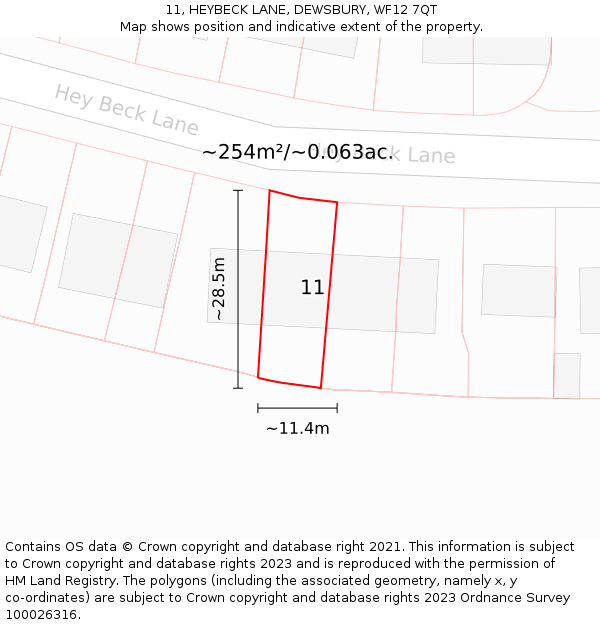 11, HEYBECK LANE, DEWSBURY, WF12 7QT: Plot and title map
