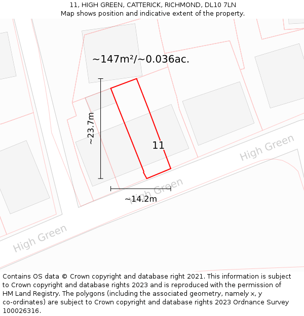 11, HIGH GREEN, CATTERICK, RICHMOND, DL10 7LN: Plot and title map