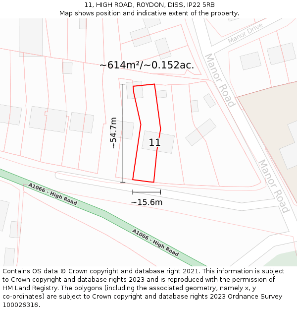 11, HIGH ROAD, ROYDON, DISS, IP22 5RB: Plot and title map