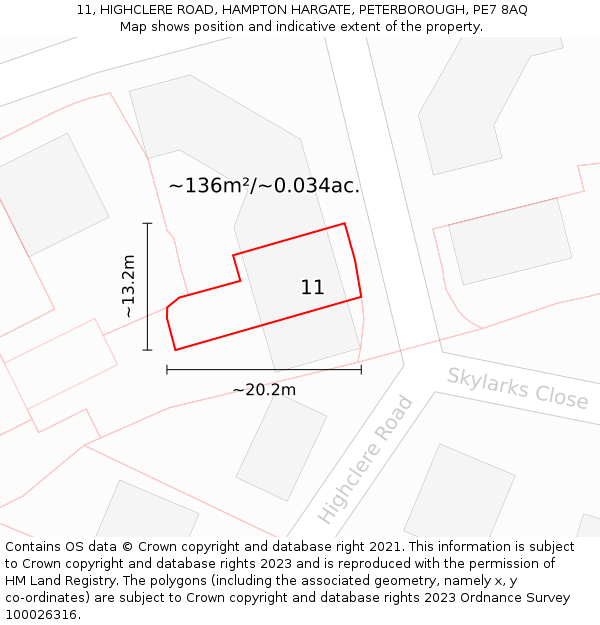 11, HIGHCLERE ROAD, HAMPTON HARGATE, PETERBOROUGH, PE7 8AQ: Plot and title map