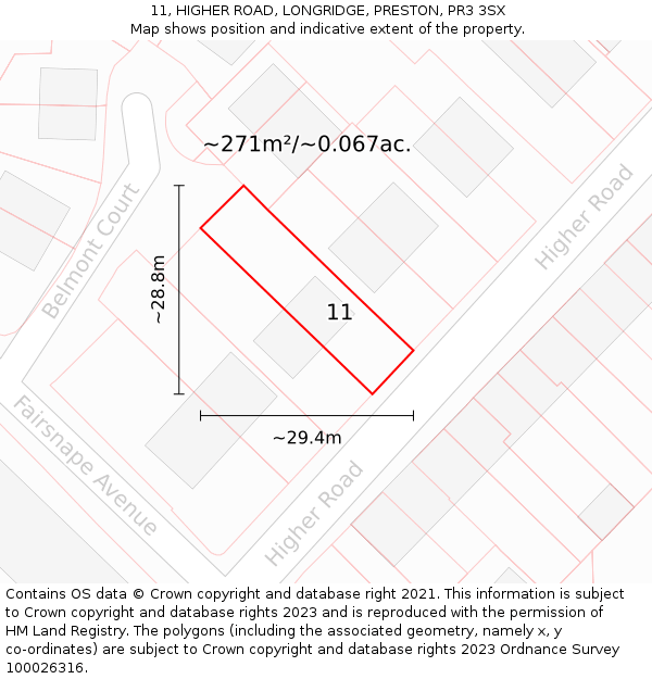 11, HIGHER ROAD, LONGRIDGE, PRESTON, PR3 3SX: Plot and title map