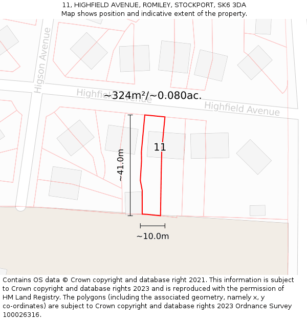 11, HIGHFIELD AVENUE, ROMILEY, STOCKPORT, SK6 3DA: Plot and title map