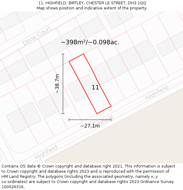11, HIGHFIELD, BIRTLEY, CHESTER LE STREET, DH3 1QQ: Plot and title map