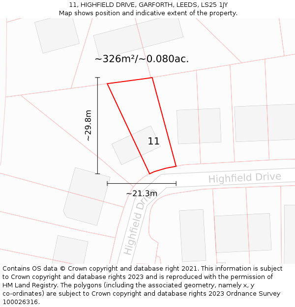 11, HIGHFIELD DRIVE, GARFORTH, LEEDS, LS25 1JY: Plot and title map