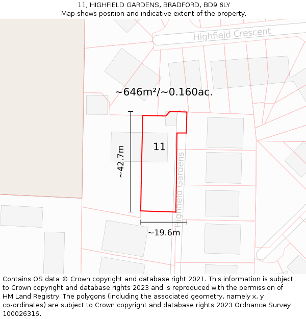11, HIGHFIELD GARDENS, BRADFORD, BD9 6LY: Plot and title map