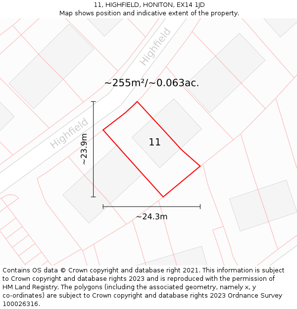 11, HIGHFIELD, HONITON, EX14 1JD: Plot and title map
