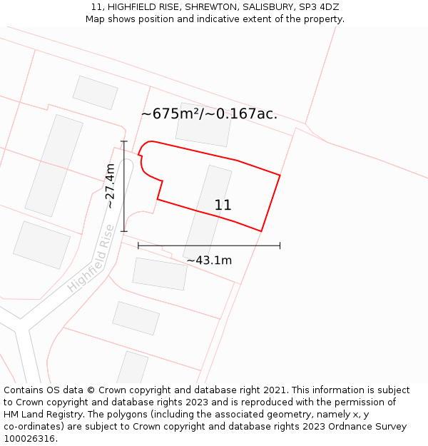 11, HIGHFIELD RISE, SHREWTON, SALISBURY, SP3 4DZ: Plot and title map