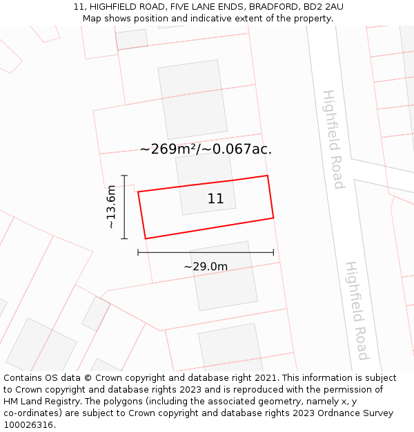 11, HIGHFIELD ROAD, FIVE LANE ENDS, BRADFORD, BD2 2AU: Plot and title map
