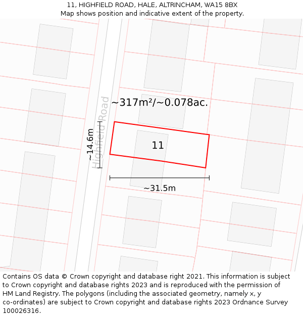 11, HIGHFIELD ROAD, HALE, ALTRINCHAM, WA15 8BX: Plot and title map