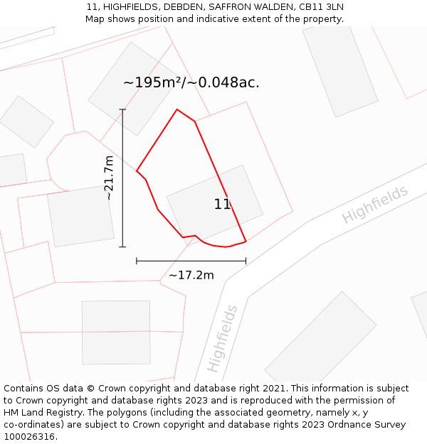 11, HIGHFIELDS, DEBDEN, SAFFRON WALDEN, CB11 3LN: Plot and title map