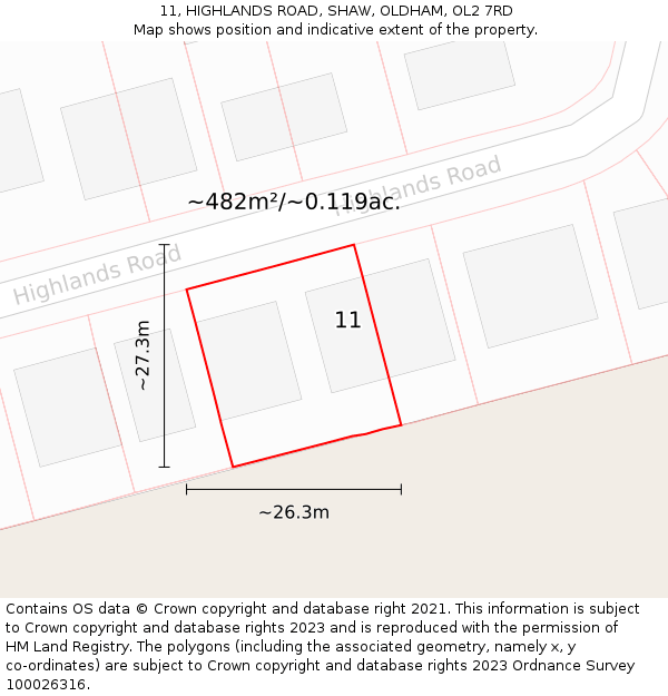 11, HIGHLANDS ROAD, SHAW, OLDHAM, OL2 7RD: Plot and title map