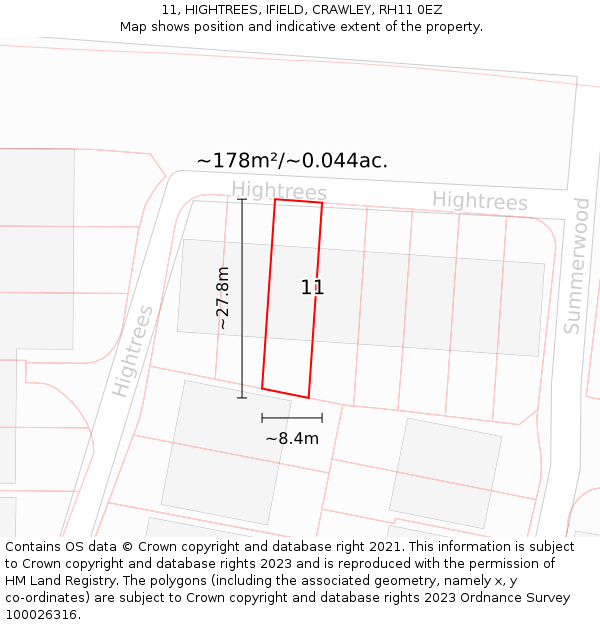 11, HIGHTREES, IFIELD, CRAWLEY, RH11 0EZ: Plot and title map