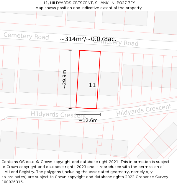 11, HILDYARDS CRESCENT, SHANKLIN, PO37 7EY: Plot and title map