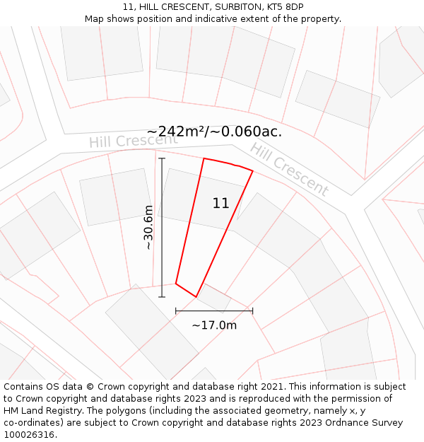11, HILL CRESCENT, SURBITON, KT5 8DP: Plot and title map