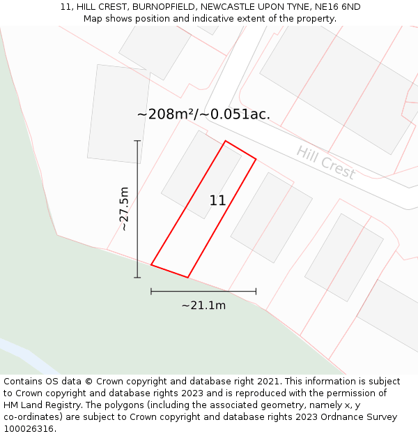 11, HILL CREST, BURNOPFIELD, NEWCASTLE UPON TYNE, NE16 6ND: Plot and title map
